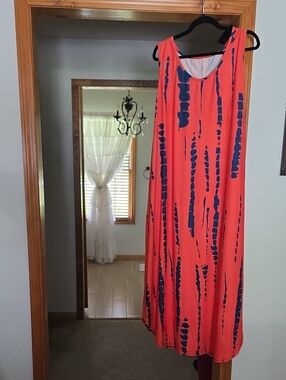 Coral Maxi Dress with Navy Abstract Stripes